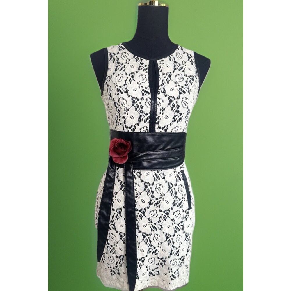 Mini White Lace And Black Wiggle Dress-Faux Leather Trim-Indie Sleeze-Soft Goth
